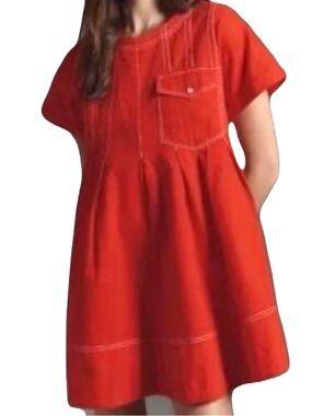 NWT Anthropologie Pilcro 1X Orange/Red Contrast White Stitch Denim Swing Dress